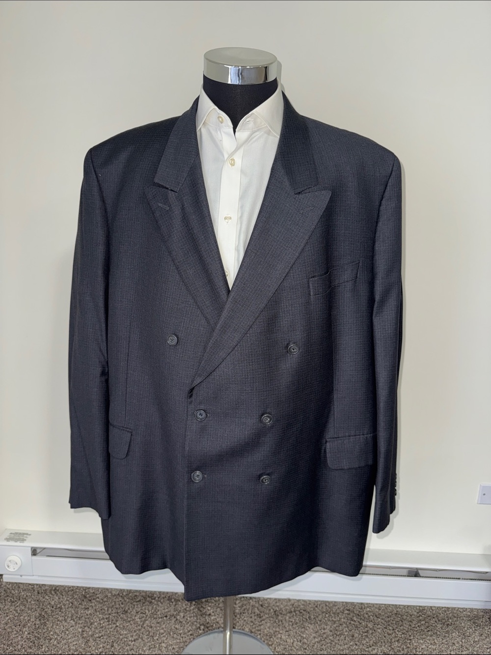 Jack Victor mens 52L grey blue check 100% wool double breast jacket EUC